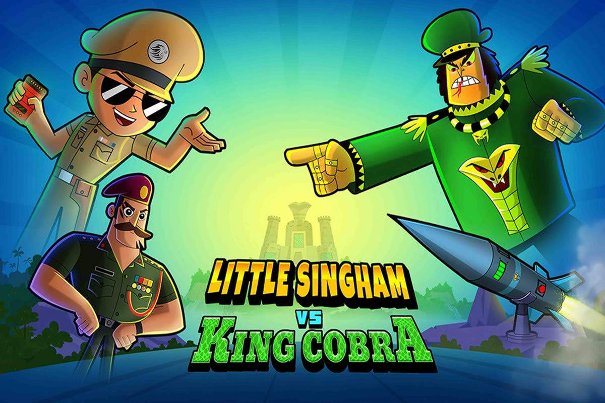 動畫海報， featuring 卡通角色 Little Singham 和 King Cobra 對峙。