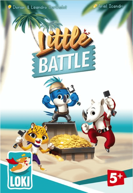 小戰鬥棋盤遊戲封面 壁紙 — 三個穿著海盜裝備的卡通動物冒險家在陽光明媚的熱帶海灘上，歡快地圍著一個裝滿金幣的寶箱。