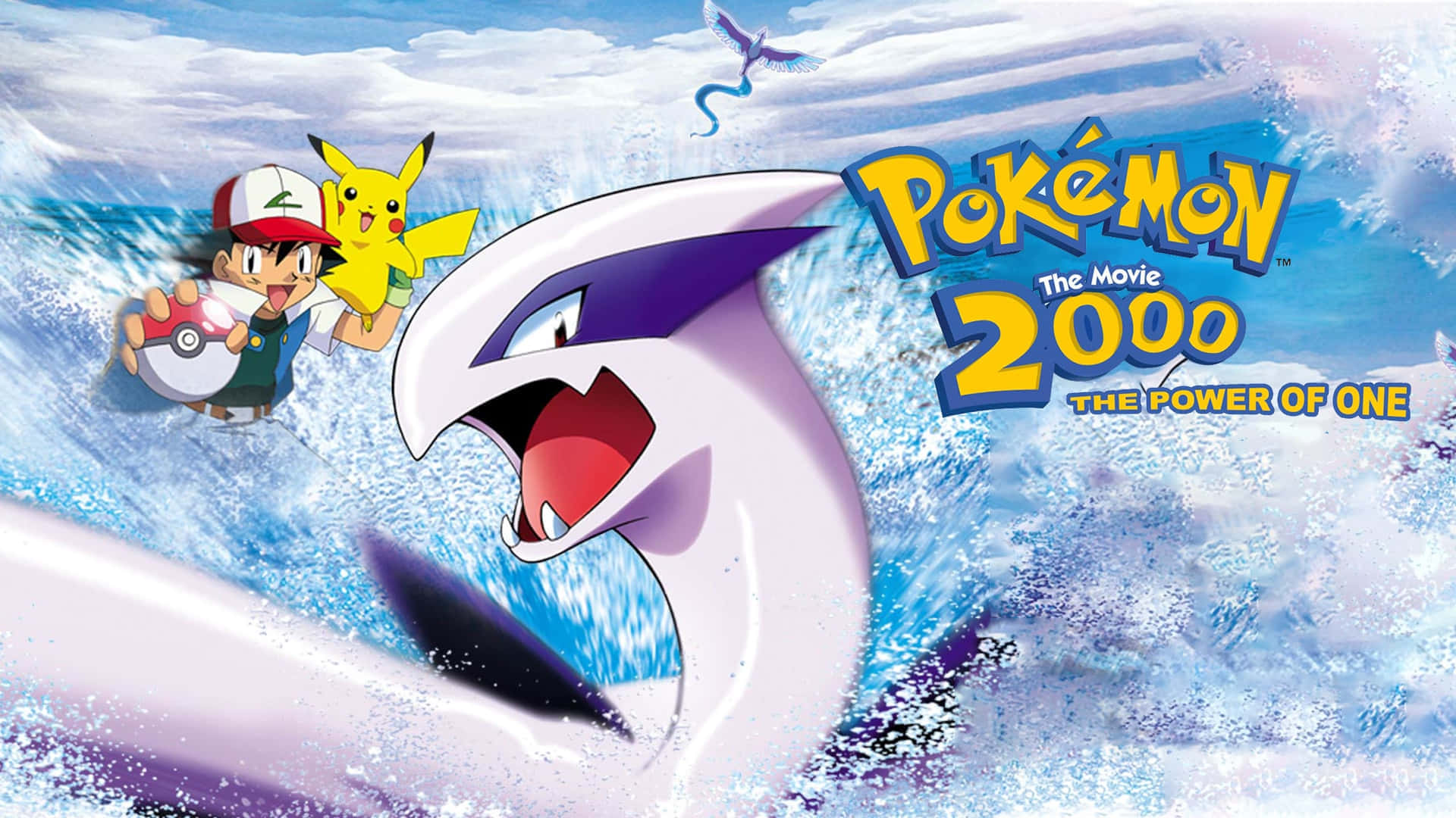 Pokemon Posters 桌布 壁紙 — 小智和比卡超乘著巨浪，傳說中的利基亞從海洋泡沫中強勢出現，構成動感十足的寵物小精靈電影海報。