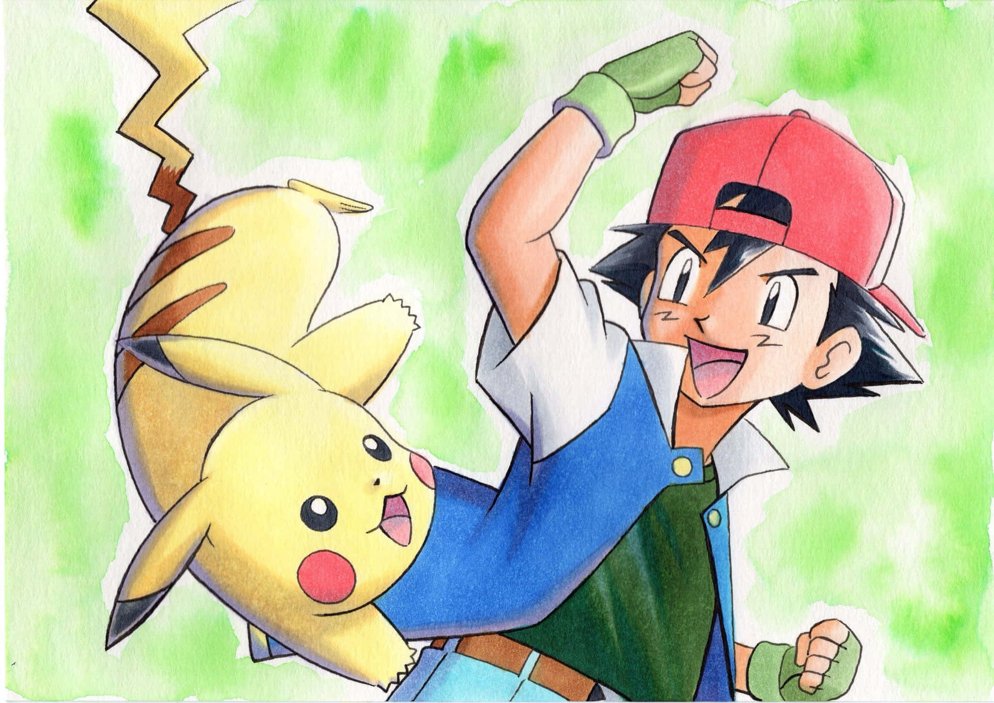 Ash And Pikachu 桌布 壁紙 — 小智和比卡超在帶有閃電的鮮豔綠色水彩背景上快樂地跳躍。