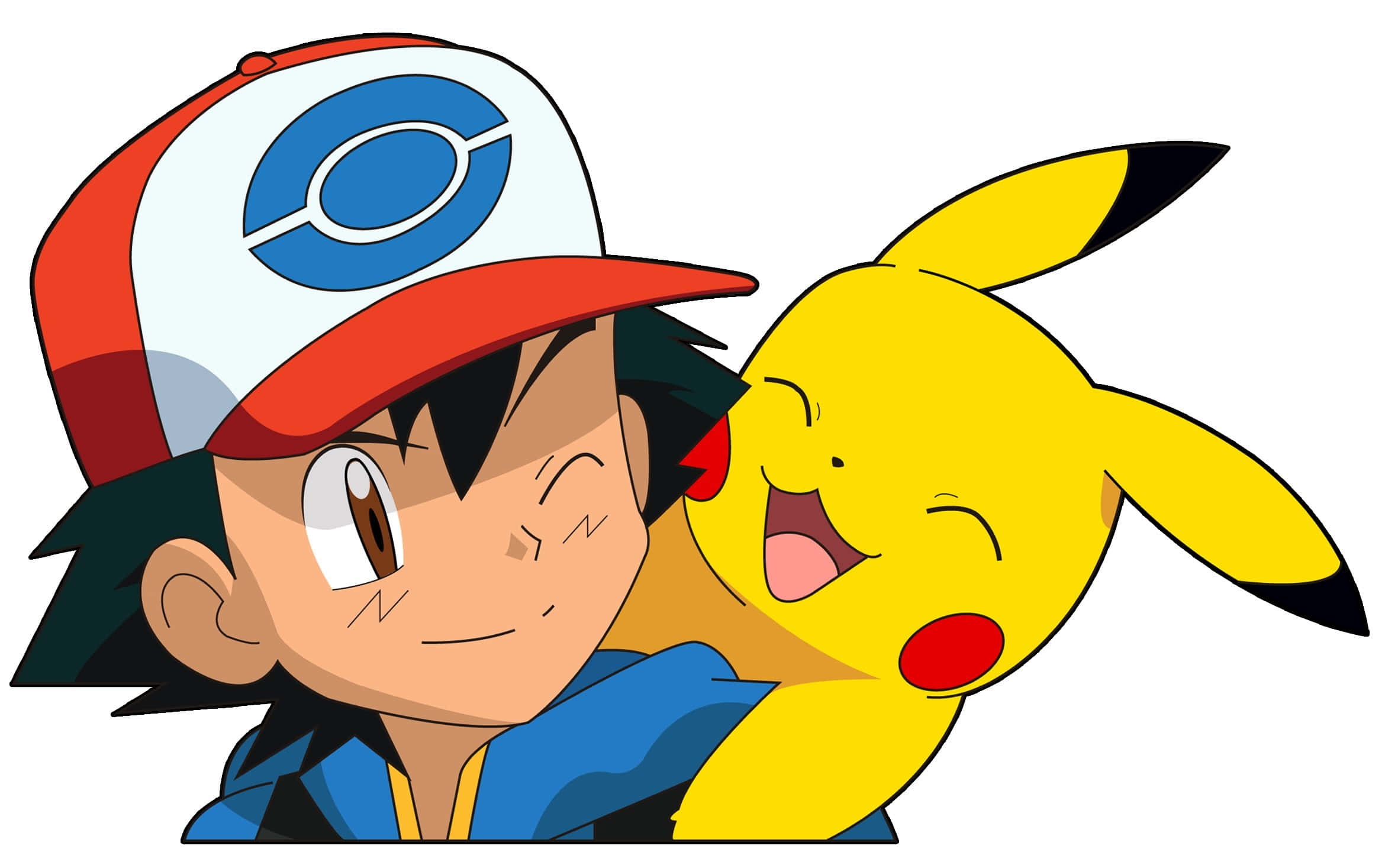 Ash And Pikachu 桌布 壁紙 — 小智和比卡超在純白色背景上開心擁抱，比卡超笑得非常開心。