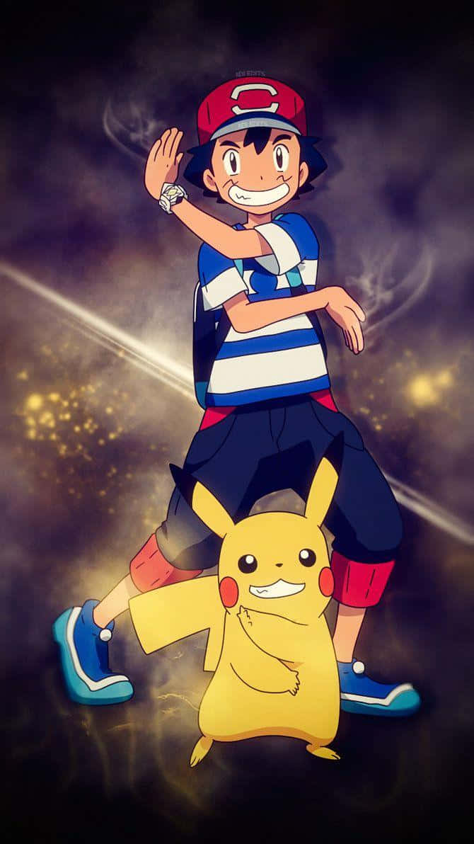 Ash And Pikachu 桌布 壁紙 — 小智和比卡超在閃爍的宇宙背景前愉快地擺姿勢，背景有旋轉的暗雲和金色粒子。