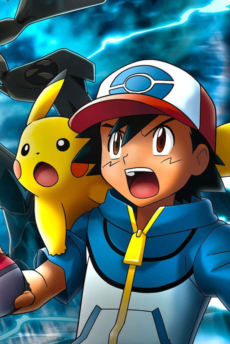 Ash And Pikachu 桌布 壁紙 — 小智和比卡超面對著一個 looming 的黑暗機器，背後暴風雨的藍色天空中閃電劈啪作響。