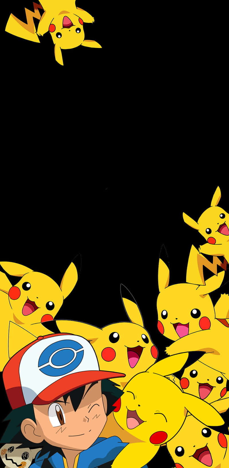 Ash And Pikachu 桌布 壁紙 — 小智喺黑色背景前，被好多開心嘅比卡超包圍住微笑。