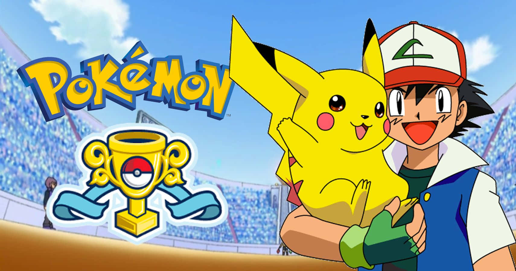 Pokemon League 桌布 壁紙 — 小智在體育館中勝利地擁抱比卡超，而寶可夢標誌和獎盃在晴朗的天空下閃閃發光。