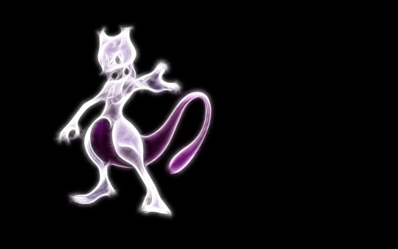 小智與皮卡丘探索《寶可夢 黑》中的烏諾地區 壁紙 — 一隻發光的紫白色超夢夢動態地站在漆黑的背景前，散發著空靈的能量光環。