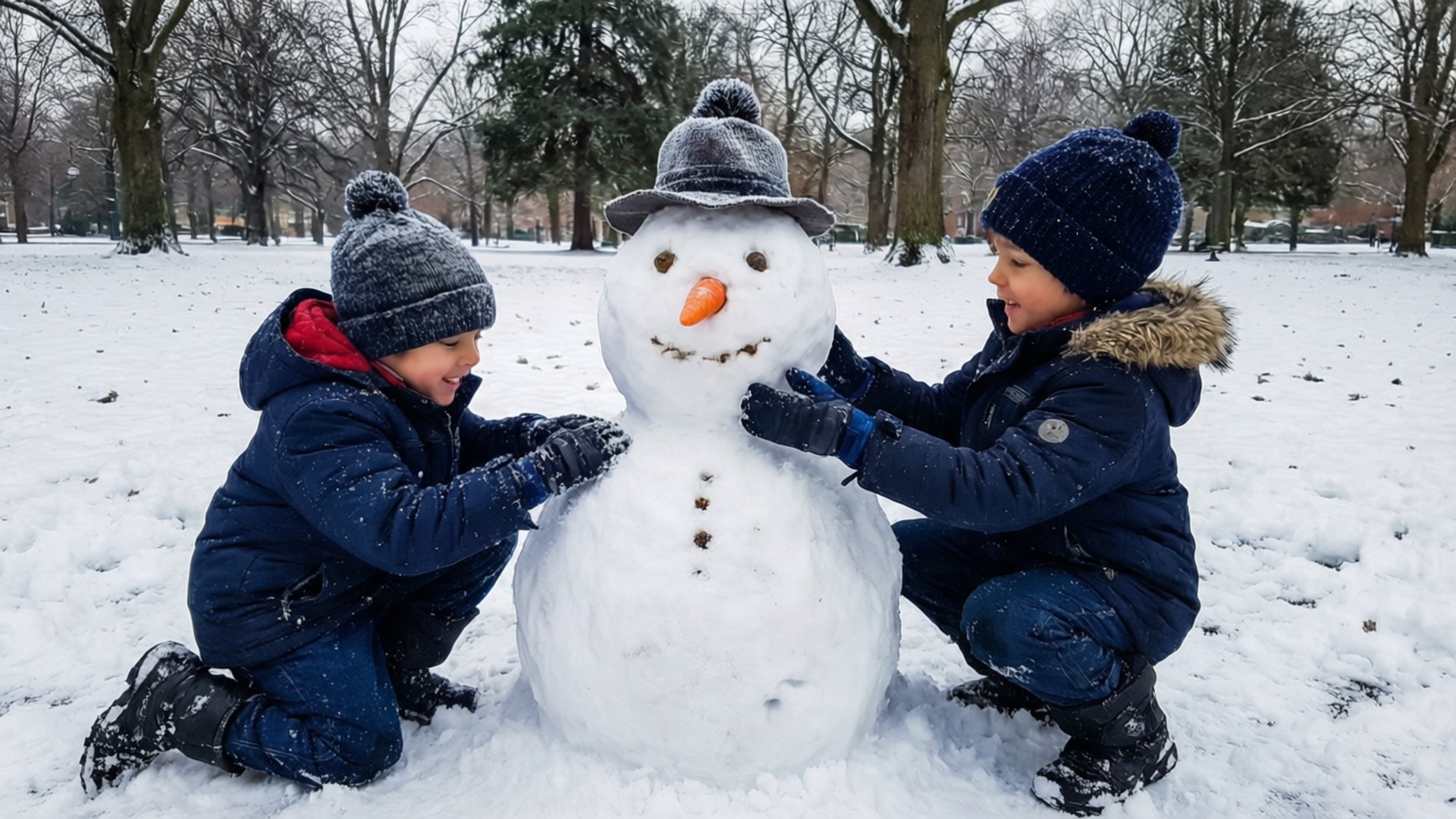 小朋友堆雪人 壁紙 — 兩個穿著冬季外套和帽子的孩子在雪地公園裡快樂地堆雪人，周圍是光禿禿的樹木。