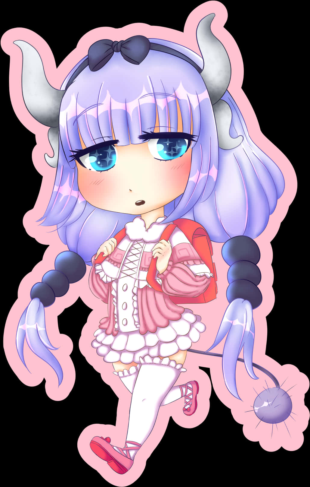 《小林家的龍女僕》角色神樂坂香奈 壁紙 — 一個紫髮有角、穿著粉紅色毛絨服裝的Q版動漫女孩站在黑色背景前。