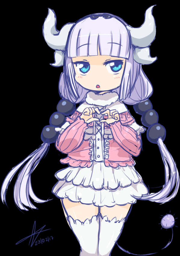 《小林家的龍女僕》角色神樂坂香奈插畫 壁紙 — 一個有銀色角和辮子頭髮的Q版動漫女孩，在黑色背景前穿著粉紅色和白色的荷葉邊服裝。