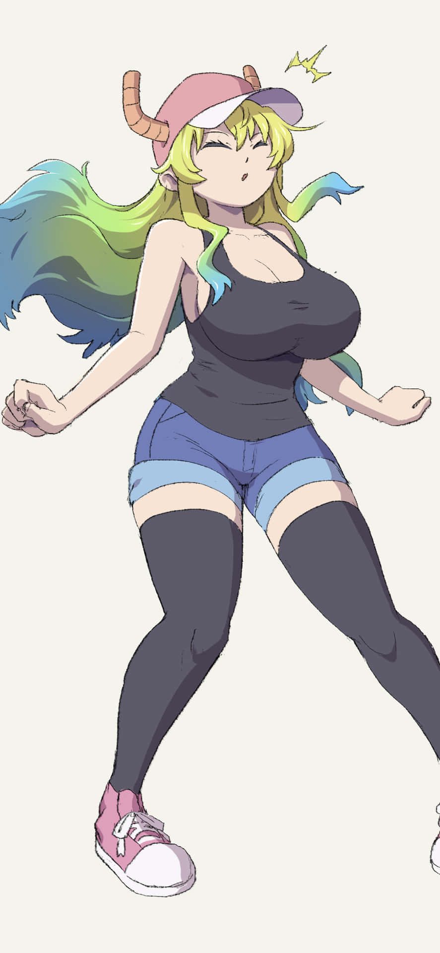 戴著角帽、彩虹頭髮的動漫女孩穿著休閒服裝奔跑。