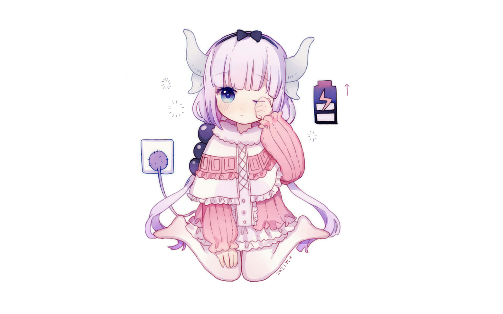 有角的動漫女孩在充電圖標和電源插座附近打哈欠。