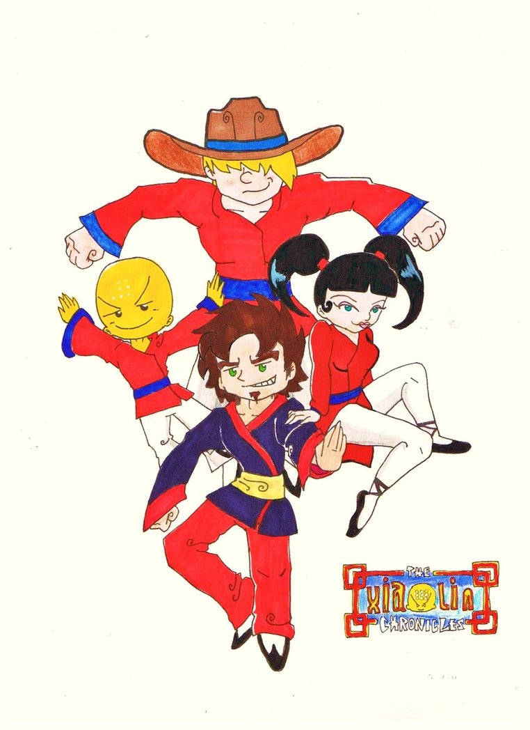 四個Q版武術家穿著紅色、藍色和黃色服裝動態擺姿勢。