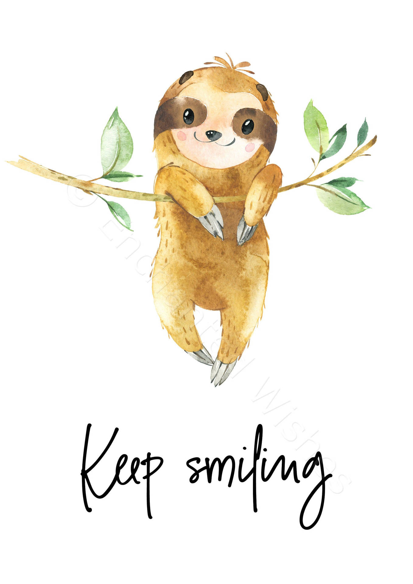一隻微笑的樹懶掛在帶有綠葉的樹枝上，位於短語 keep smiling 上方。