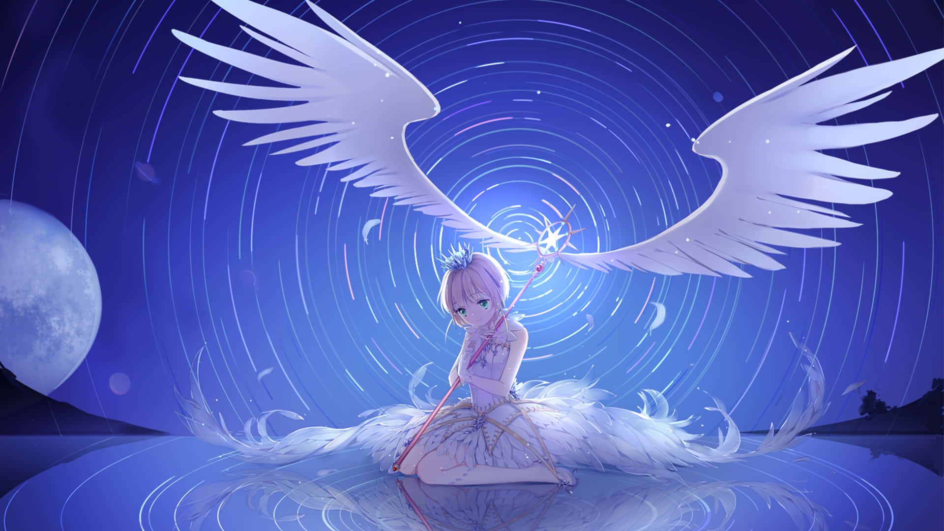 小櫻——魔法小櫻卡的主人！ 壁紙 — 一位粉紅色頭髮的動漫女孩，擁有白色翅膀，坐在水中，在滿月星空下手持發光法杖。