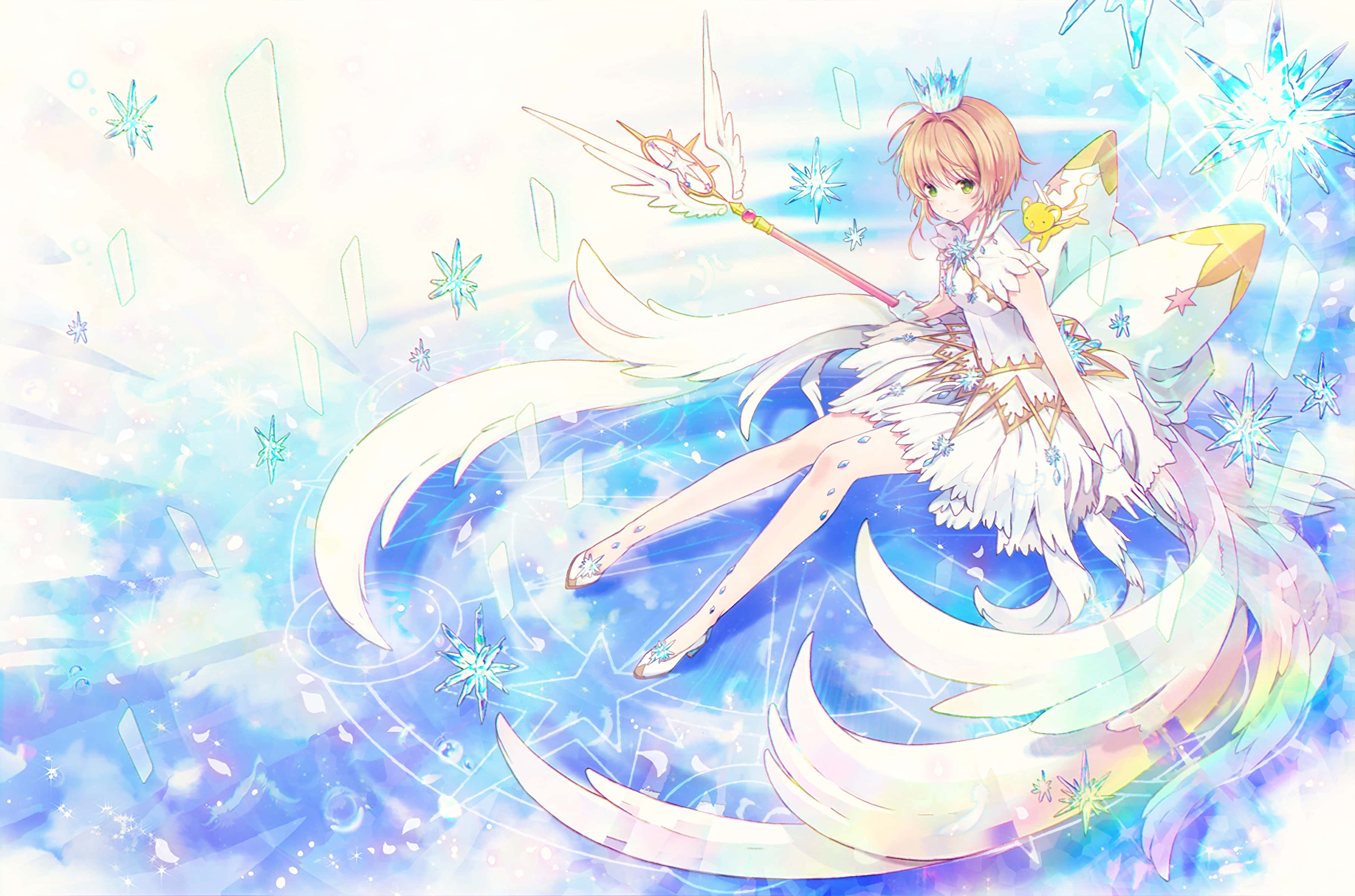 小櫻身著經典服裝收集魔法卡 壁紙 — 一個擁有翅膀和法杖的魔法動漫女孩漂浮在發光的藍色雪花和彩虹漩渦中。