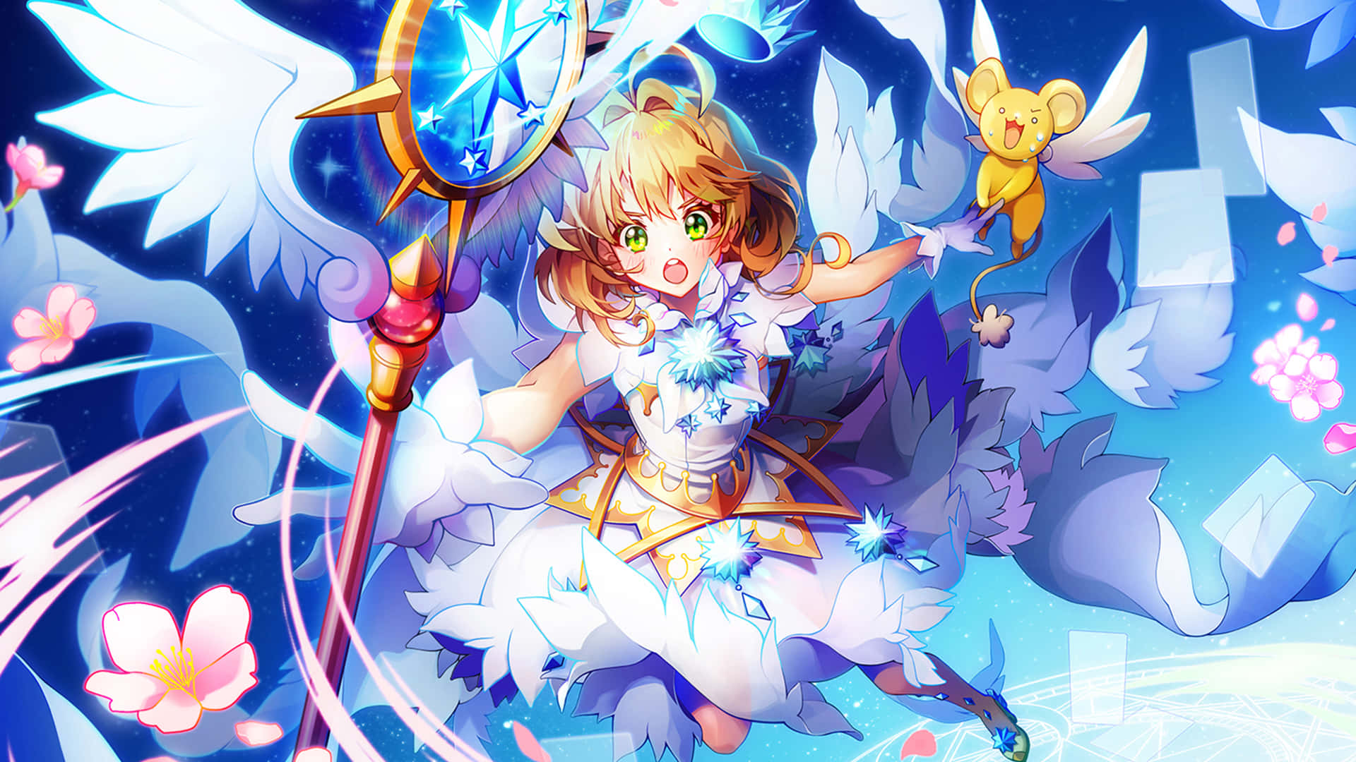 小櫻追逐風之魔法卡 壁紙 — 一個開心的動漫女孩，擁有翅膀和魔法杖，被漂浮的花瓣和一個小翼生物包圍，背景是星空藍色。