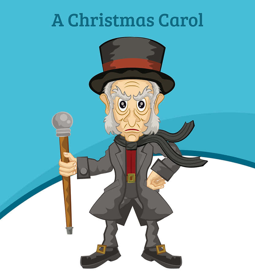 《聖誕頌歌》中Scrooge身穿冬裝手持拐杖。