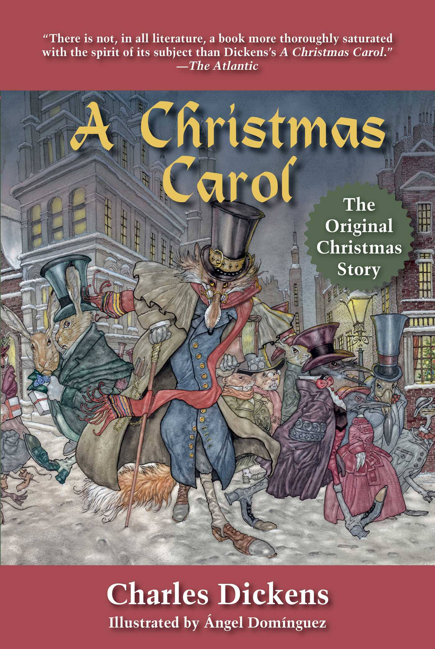 《小氣財神》書籍封面 壁紙 — 《聖誕頌歌》的插圖封面顯示 Ebenezer Scrooge 被鬼魂般的訪客包圍在雪白的維多利亞時代倫敦街道上。