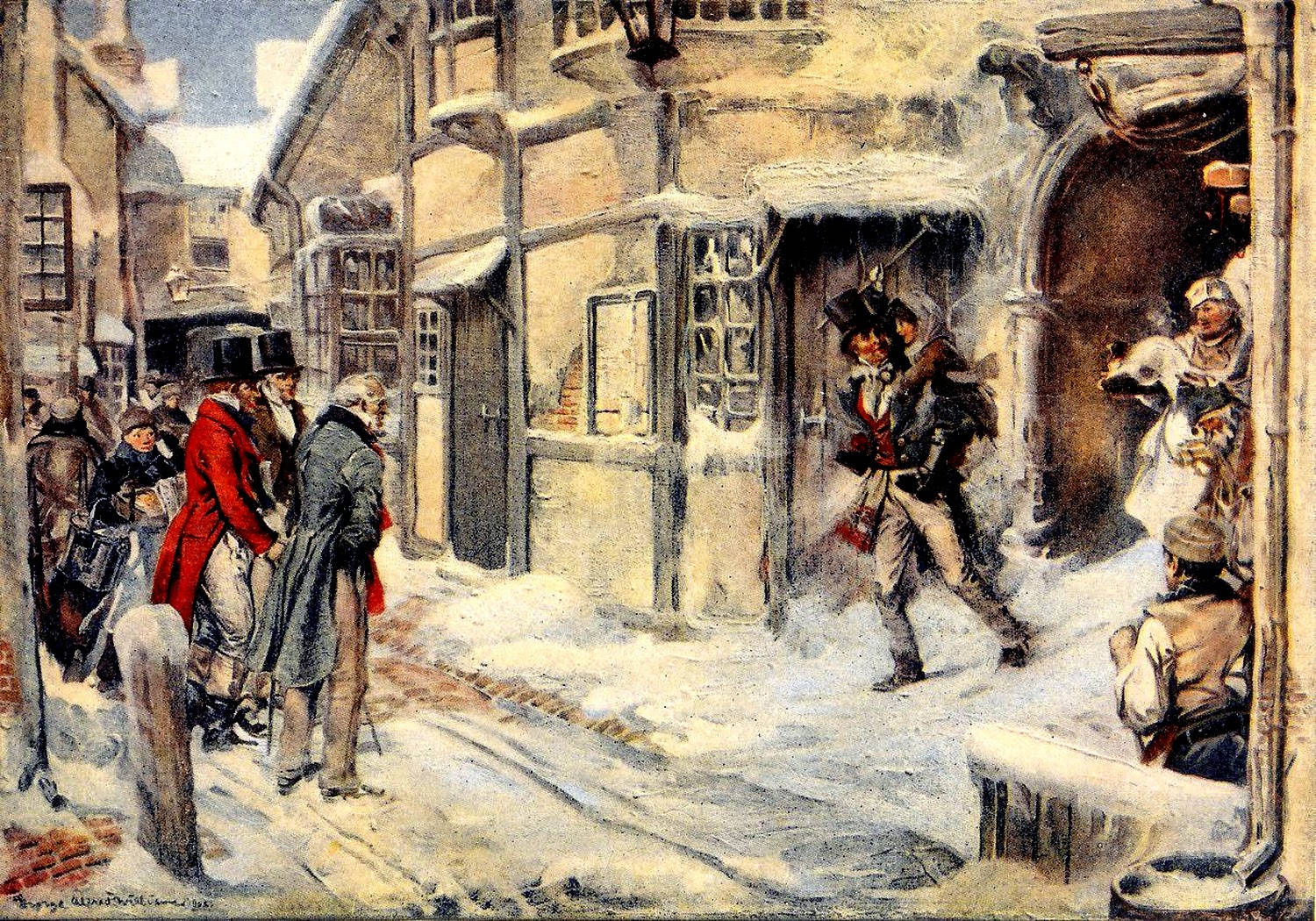 《小氣財神》鮑勃·克萊奇 壁紙 — 19世紀雪景街道，人們穿著時代服裝走過積雪的建築物和商店門口。