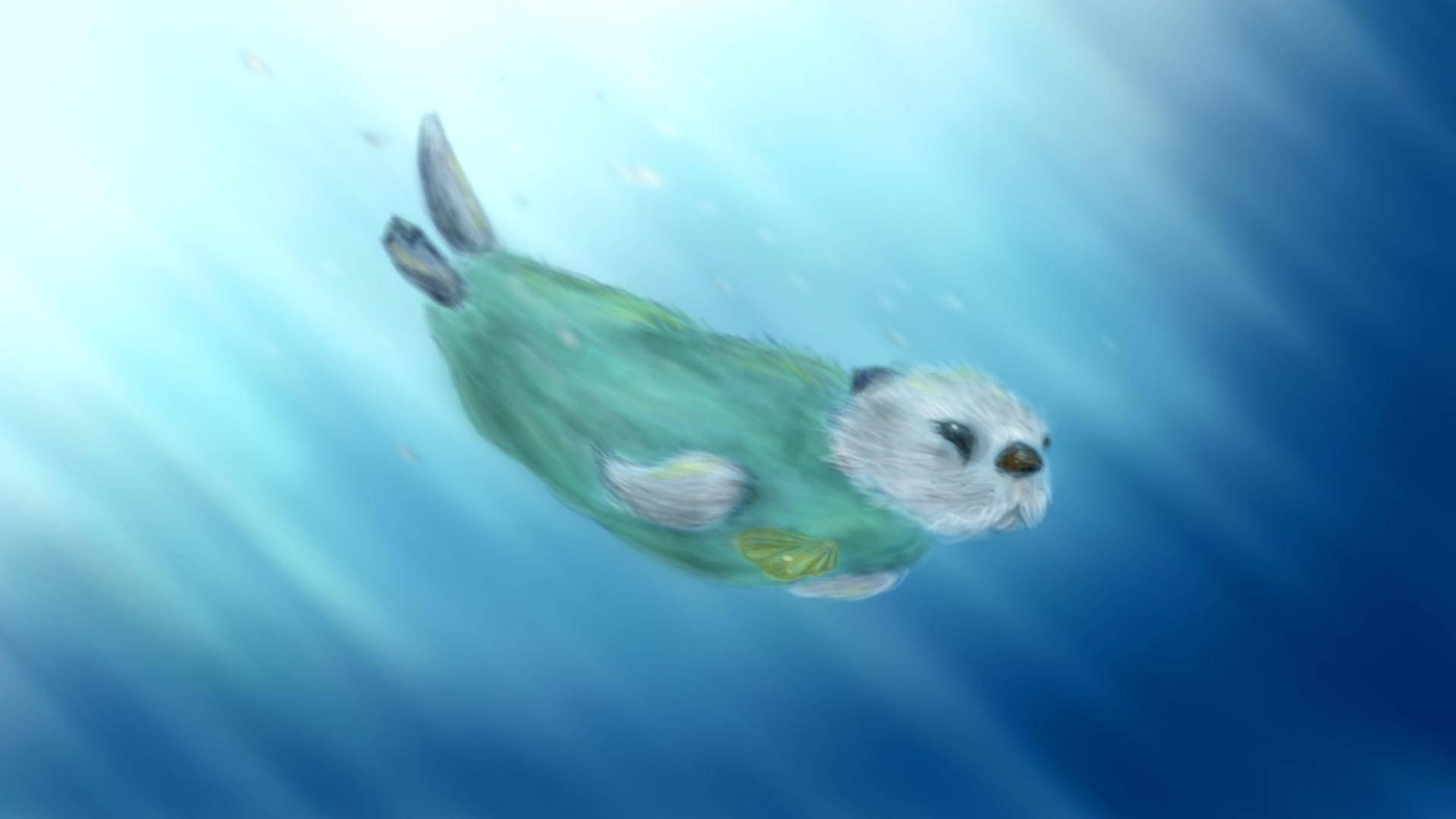 一隻海獺在藍色海洋光線下優雅地在水下游泳。