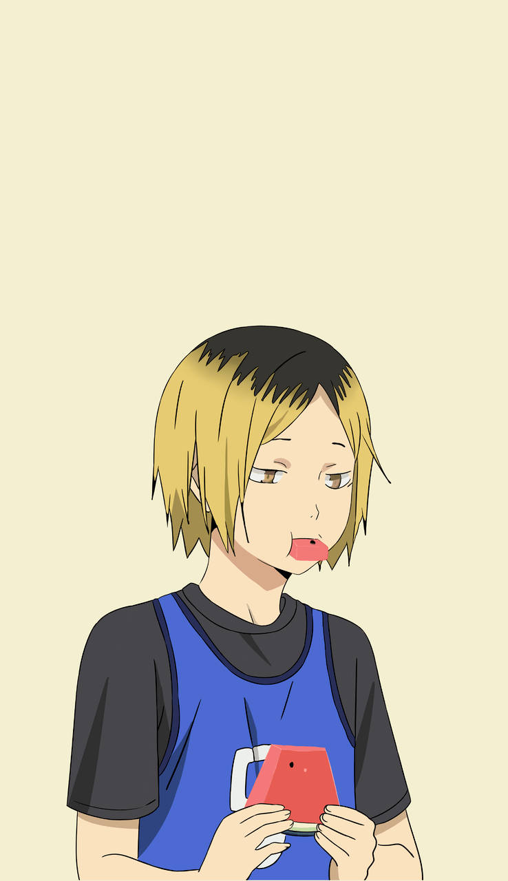 金髮動漫男孩穿著藍色背心拿著紅色電話。