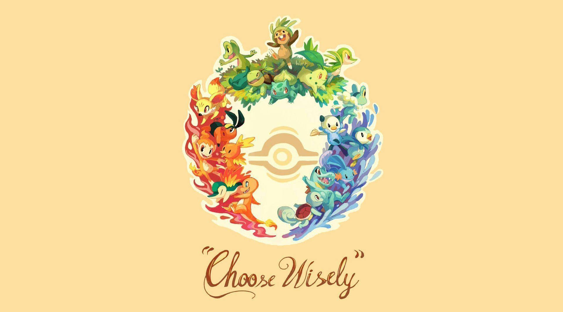 黃色背景上帶有「Choose Wisely」文字的圓形精靈寶可夢屬性。
