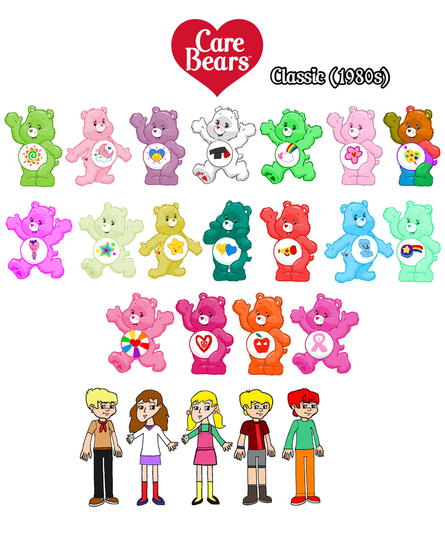 經典1980年代Care Bears和兒童角色，色彩繽紛的卡通風格。