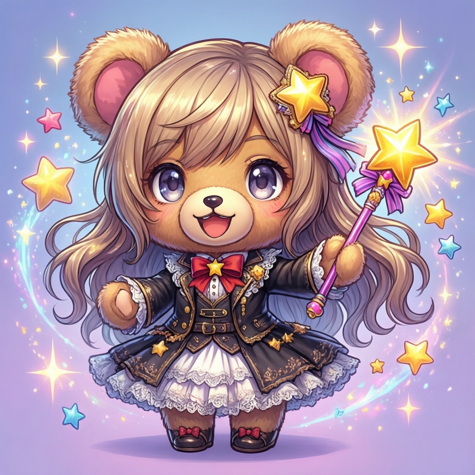 小熊泰迪星魔法 壁紙 — 一個開心的動漫風格熊女，金髮和星星主題飾品，在閃爍的紫色天空中揮舞著發光的魔杖。