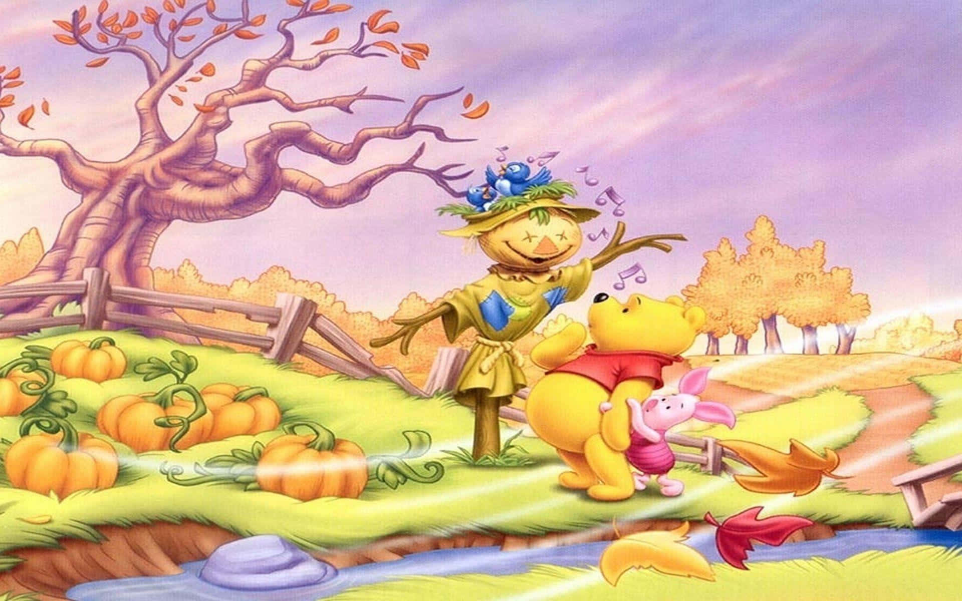 Piglet 桌布 壁紙 — 小熊維尼和小豬在紫色天空下，在充滿活力的秋季南瓜田裡與音樂稻草人快樂地跳舞。