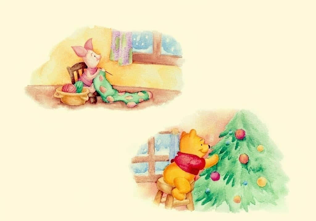 Piglet 桌布 壁紙 — 小熊維尼和小豬裝飾聖誕樹並在舒適的水彩場景中編織節日襪子。