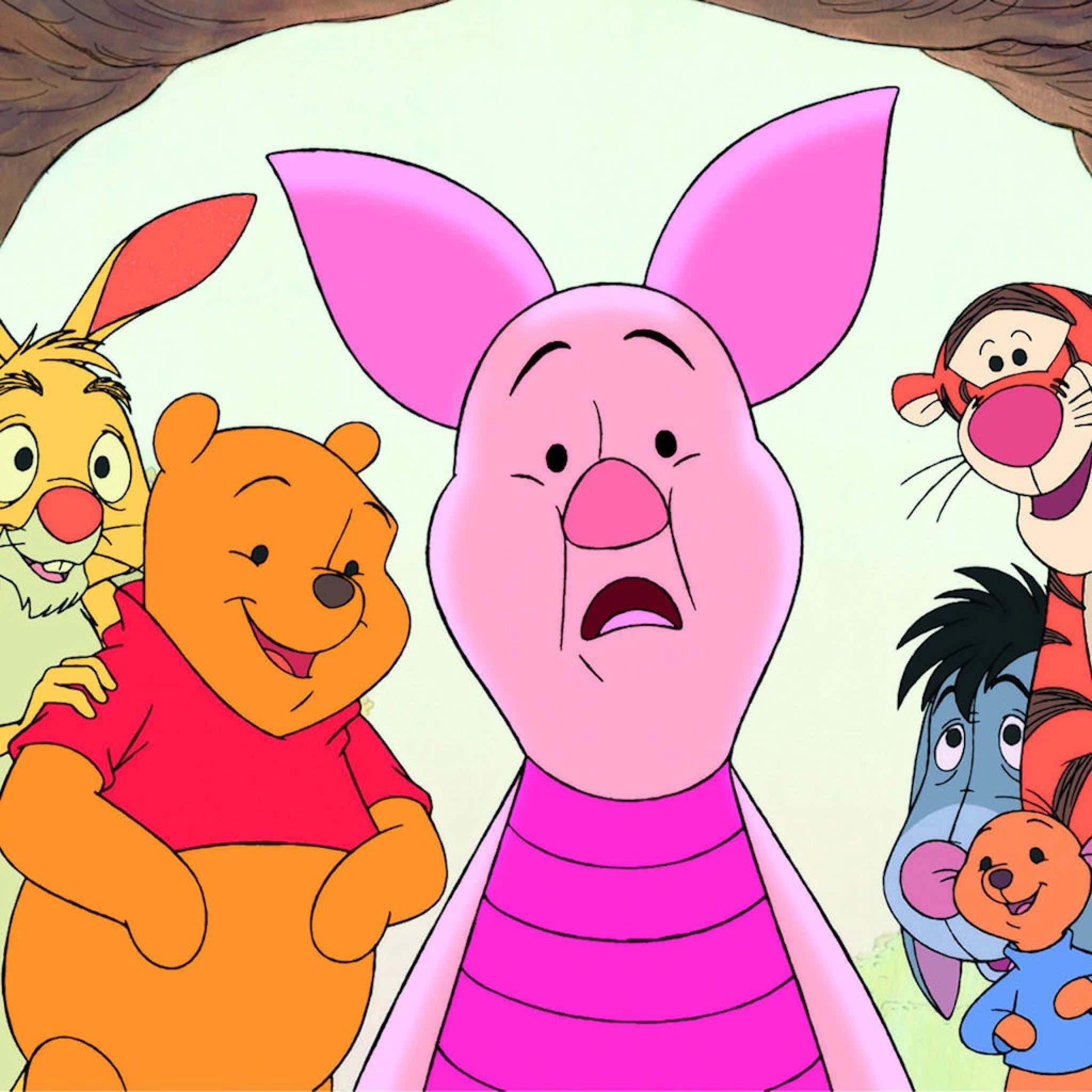 Piglet 桌布 壁紙 — 小熊維尼和朋友們圍著一個驚訝的小豬，經典卡通場景。