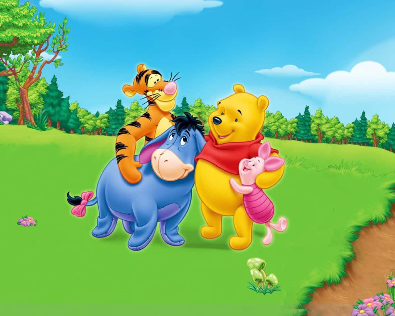 Cartoon Heroes 桌布 壁紙 — 小熊維尼和朋友們在陽光明媚的草地上歡聚，頭上是藍天白雲。