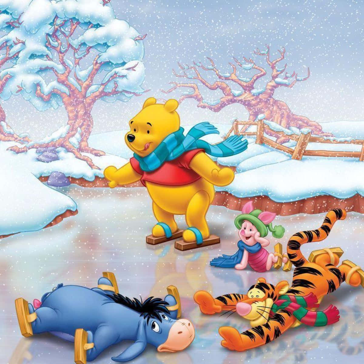 小熊維尼和朋友們在雪白的冬日風景中溜冰。 — 迪士尼聖誕gif 壁紙