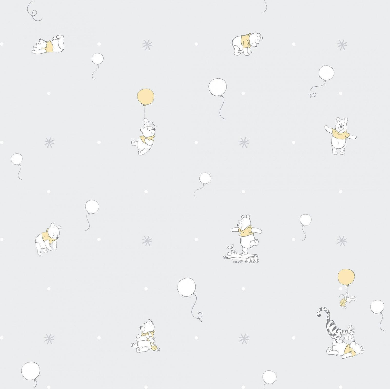 小熊維尼角色在灰色背景上與氣球和星星一起漂浮。 — 小熊維尼 壁紙