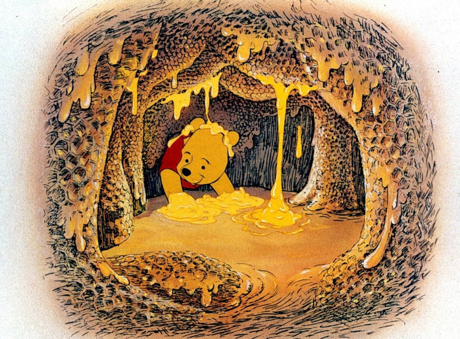 小熊維尼 桌布 壁紙 — 小熊維尼快樂地坐在一個充滿蜂蜜的洞穴中，蜂蜜從蜂巢牆壁上滴落。