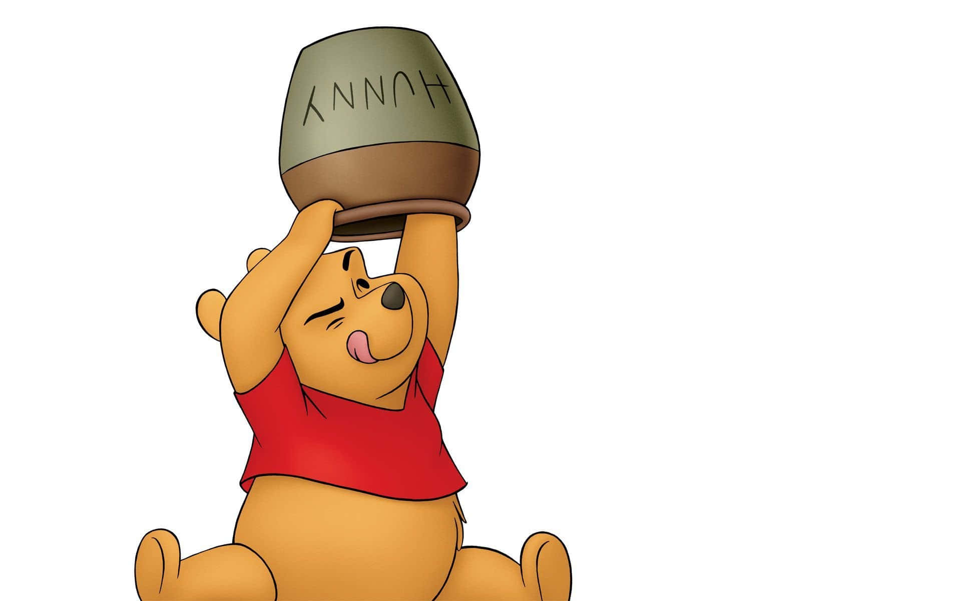Winnie The Pooh Laptop 桌布 壁紙 — 小熊維尼穿著紅色襯衫，在純白色背景前，快樂地用力將一個大蜜糖罐平衡在頭上。