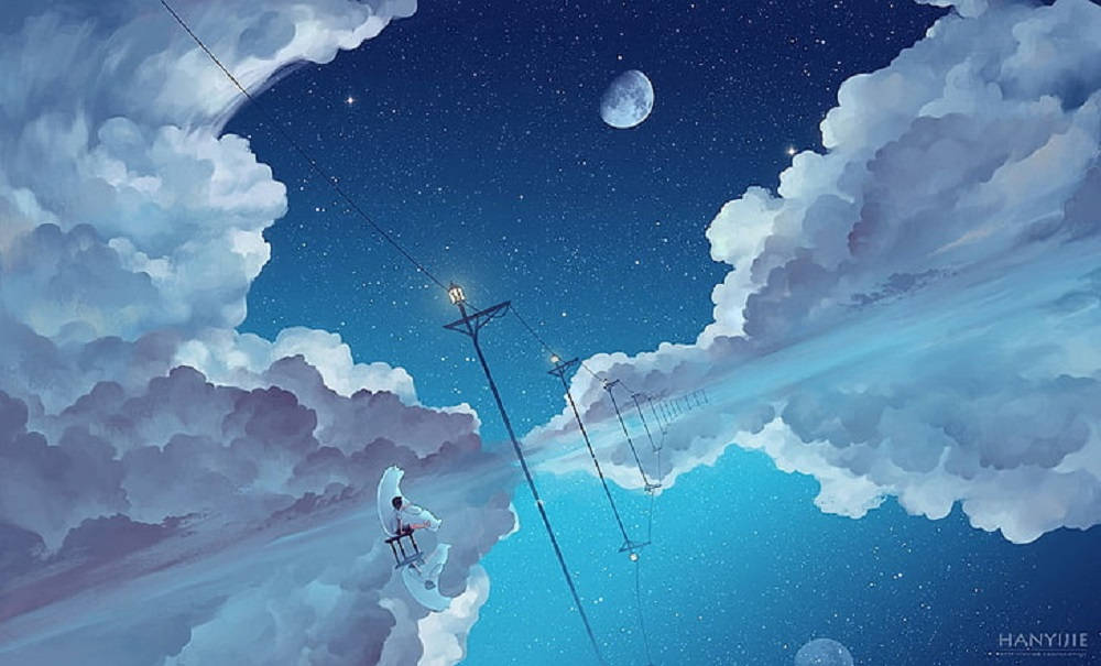 小熊與月夜雲朵美學桌面壁紙 壁紙 — 一個孤獨的身影坐在懸浮於雲層之間的椅子上，下方是繁星點點的夜空，伴隨著一彎新月和發光的街燈。
