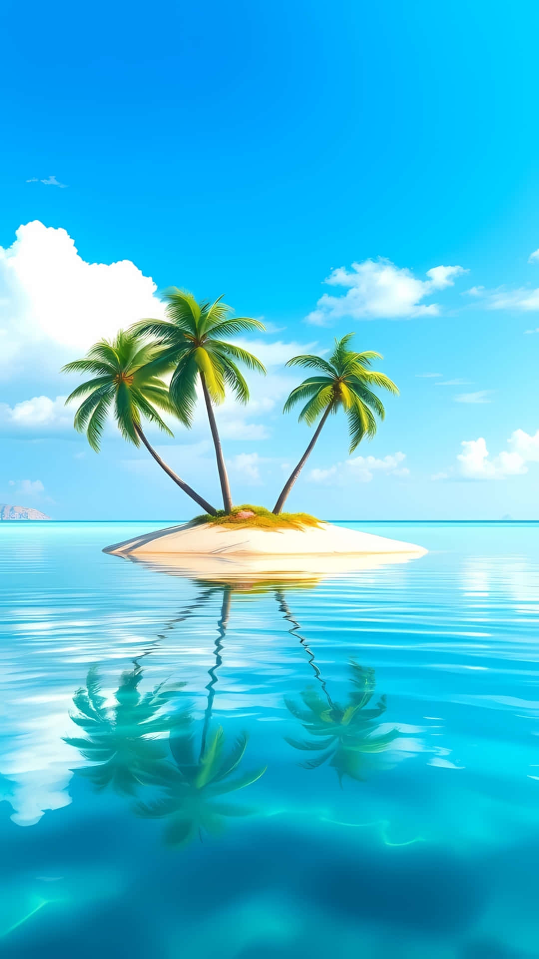 熱帶島嶼，棕櫚樹倒映在平靜的碧綠海水中，藍天白雲。