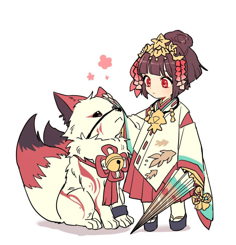 小狐狸與日本少女 壁紙 — 一個可愛的動漫女孩穿著傳統日本服飾，站在一隻帶有紅色標記和鈴鐺的蓬鬆白狐旁邊。