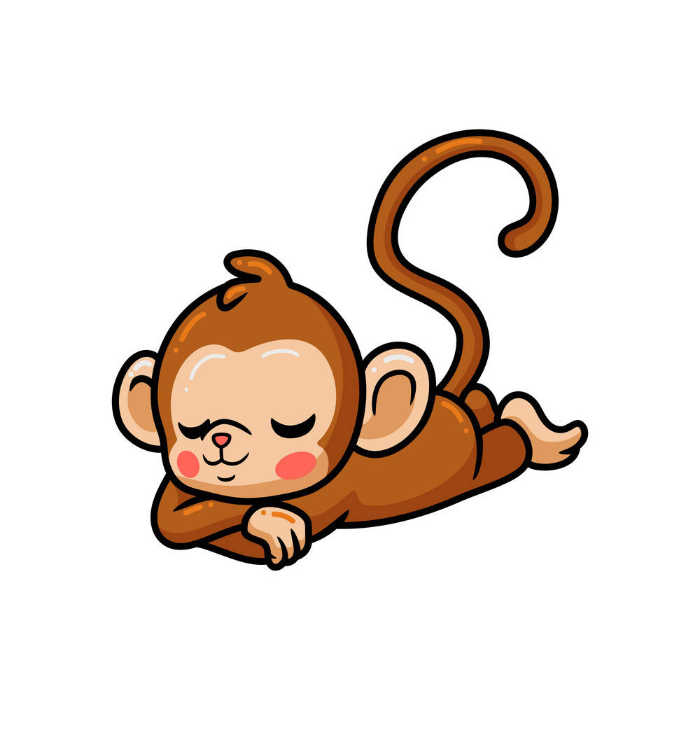 小猴子剪貼圖 壁紙 — 一隻可愛的卡通猴子閉著眼睛，臉頰紅潤，蜷縮著身體在純白背景上安詳地睡覺。