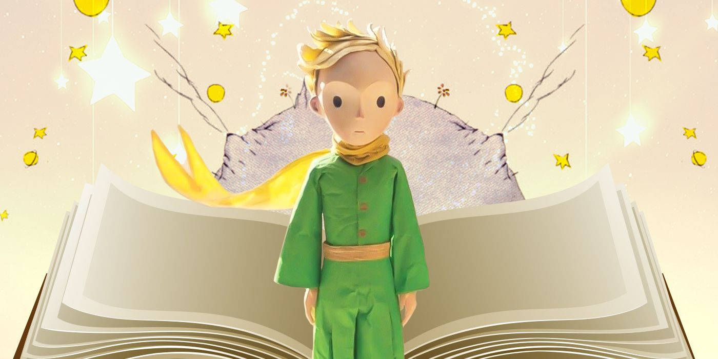 一個穿著綠色衣服的男孩站在一本打開的書前，有一隻狐狸和星星在他周圍漂浮。