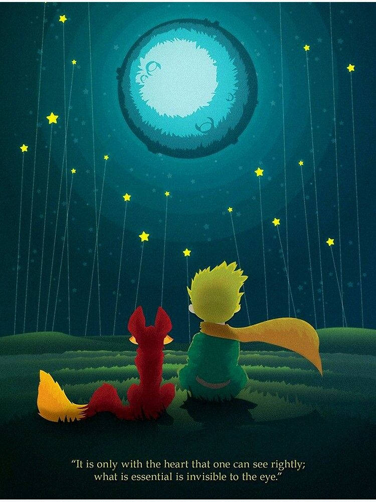 一個男孩和一隻狐狸在神奇的夜景中觀看星星和月亮。