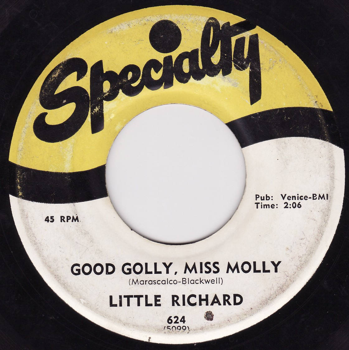 小理查德《Good Golly, Miss Molly》單曲 壁紙 — Specialty Records 為 Little Richard 的《Good Golly Miss Molly》推出的復古 45 RPM 唱片標籤，採用大膽的黃、黑、白設計。