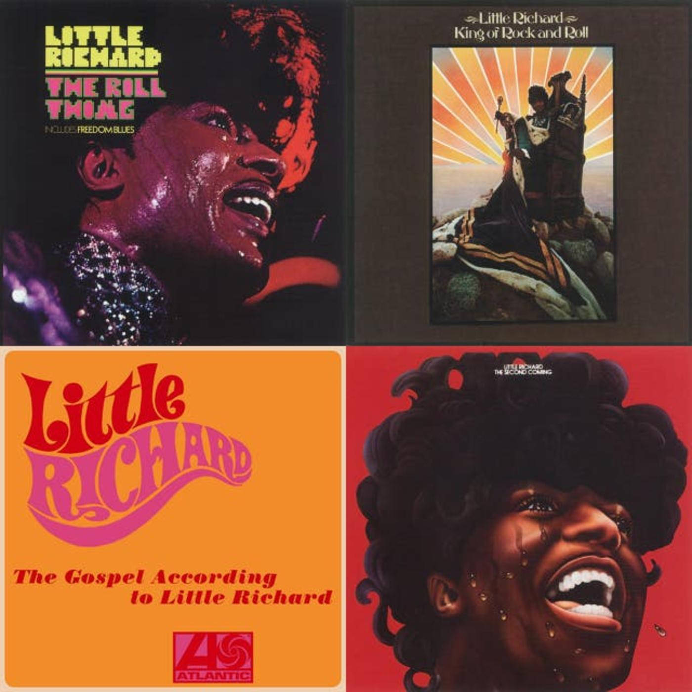 小理查德四張專輯封面拼貼 壁紙 — 四張復古 Little Richard 專輯封面，以鮮豔色彩和動感肖像展現這位搖滾傳奇人物的豐富表情姿態。