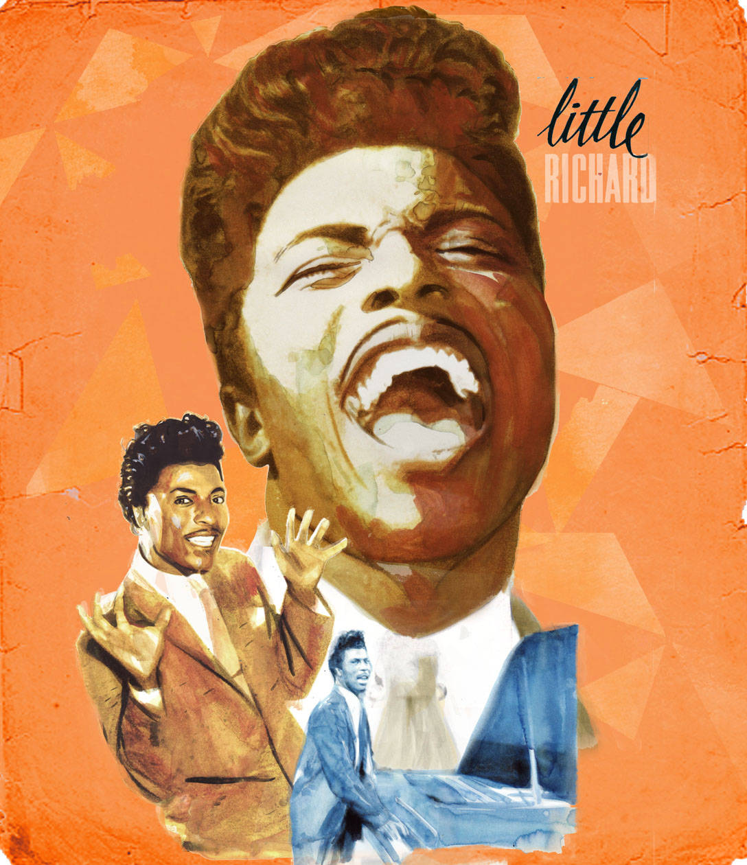 小理查德經典R&B音樂粉絲藝術創作 壁紙 — Little Richard 在橙色幾何背景前熱情歌唱的鮮豔水彩肖像。