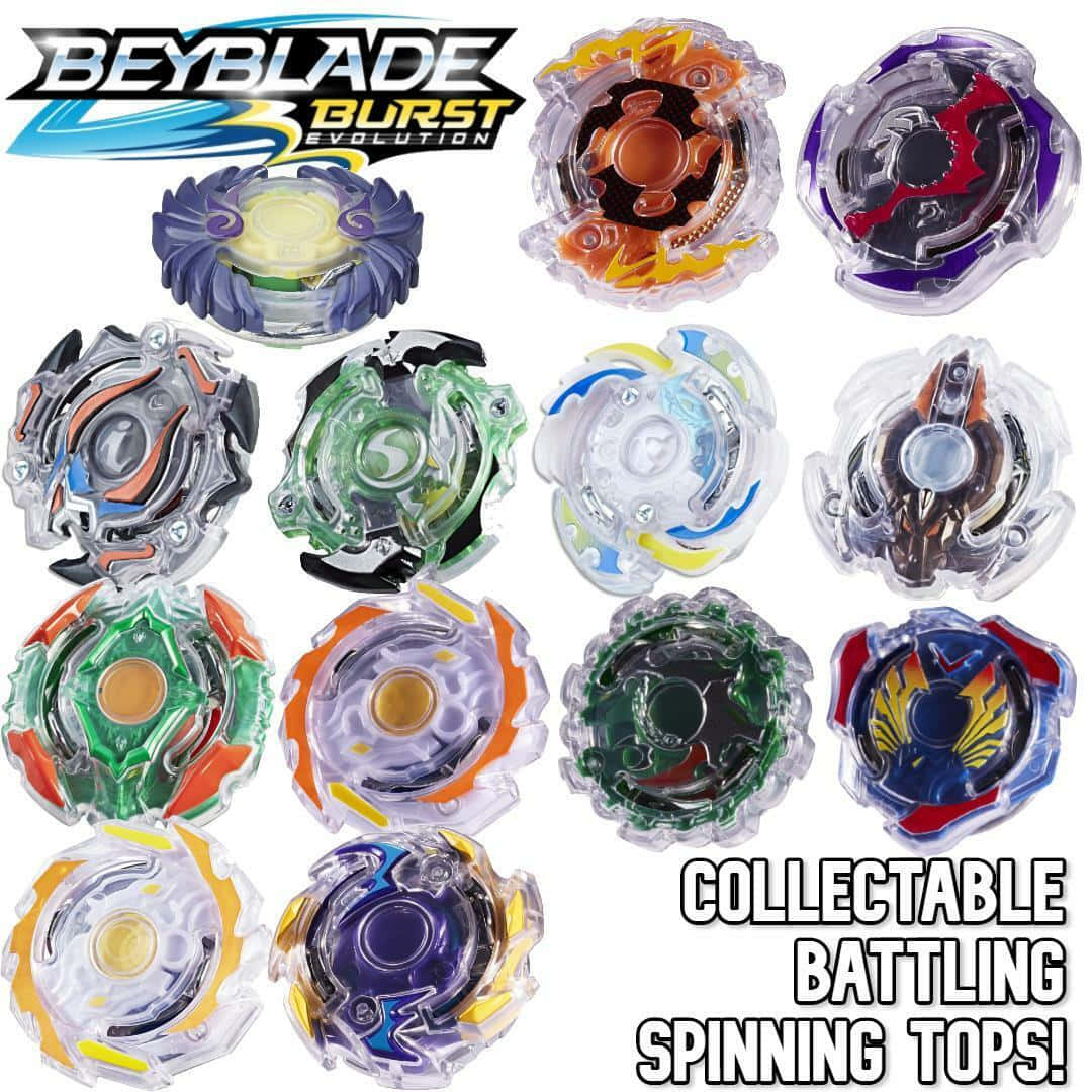 一個彩色 Beyblade 陀螺的網格，帶有品牌標誌和文字。