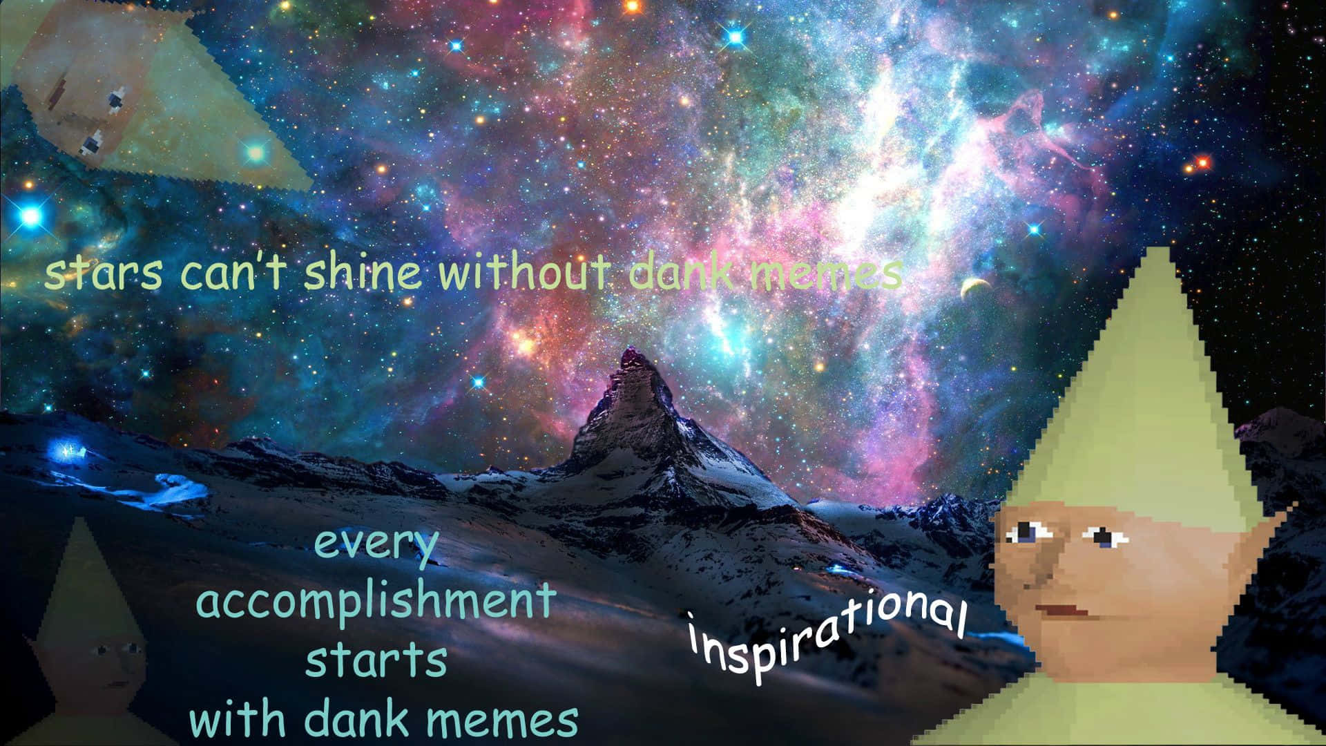 小矮人小孩Dank Memes圖片 壁紙 — 像素化精靈角色漂浮在充滿活力的宇宙星雲前，星雲上有白雪覆蓋的山峰和勵志文字疊加。