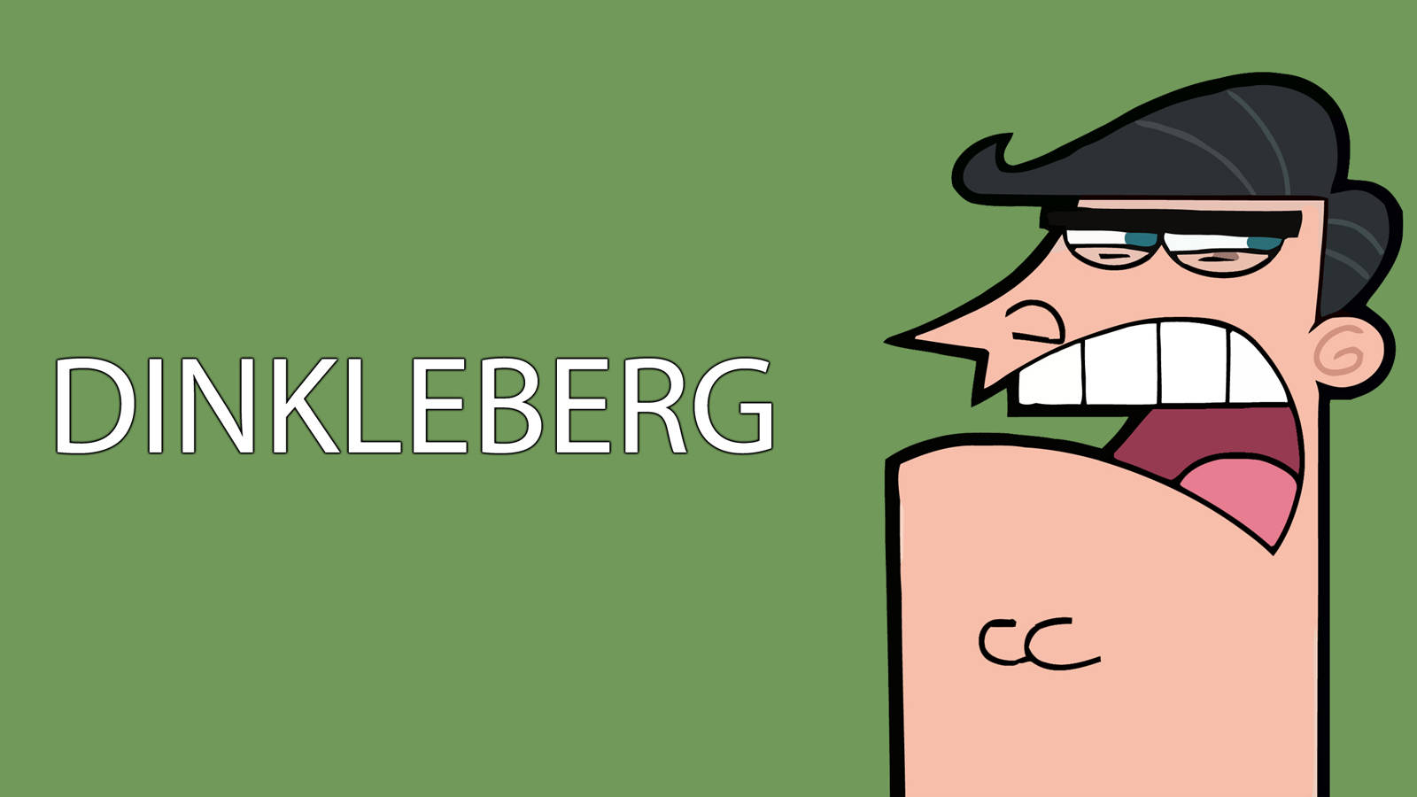 卡通角色喺綠色背景上大叫，帶有文字 DINKLEBERG。