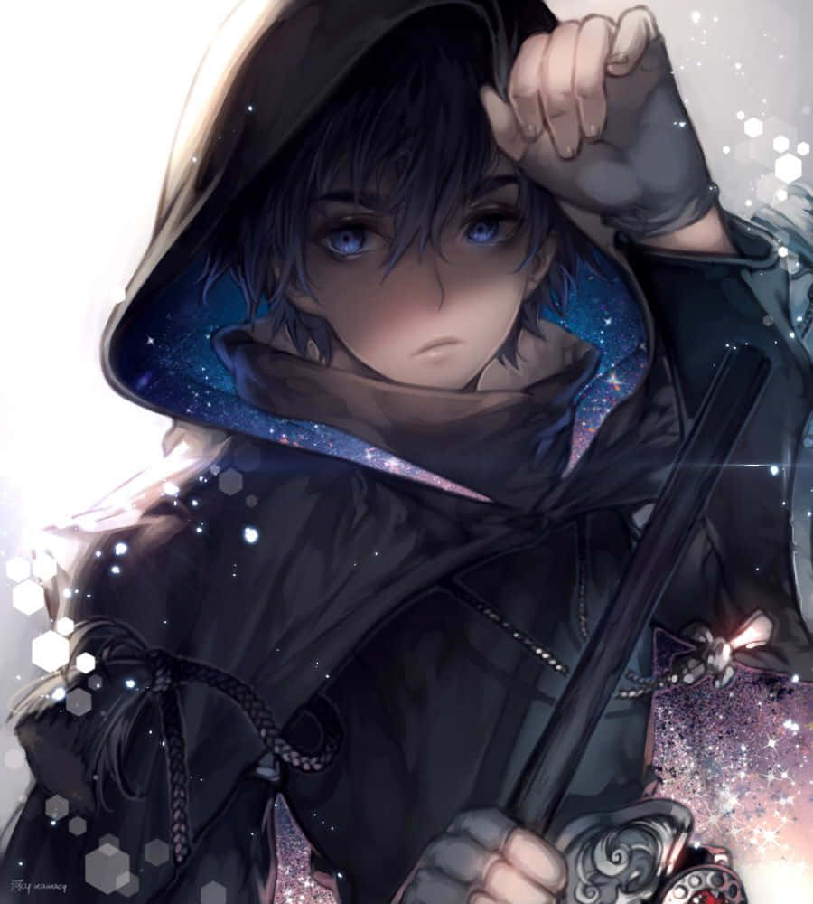 動漫男孩穿著深色連帽衫，內襯星星圖案，手持裝飾劍。