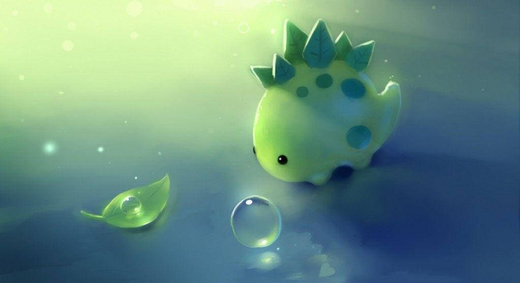 小綠色恐龍可愛電腦壁紙 壁紙 — 一隻可愛的綠色恐龍，帶有葉狀尖刺，在柔和發光的光線下，在水中的葉子和氣泡附近游泳。